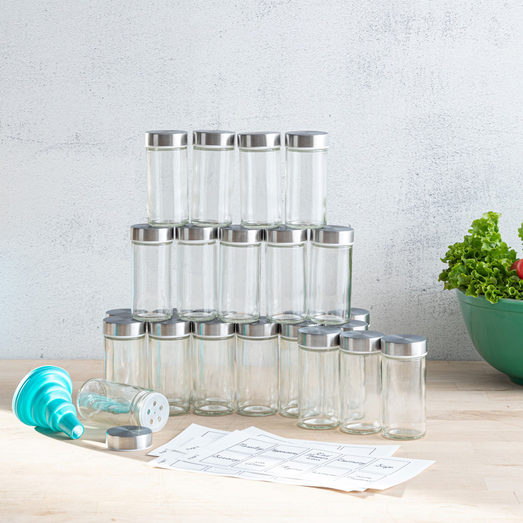 Orii 24 Empty Glass Jars + 60 Spice Labels + Funnel