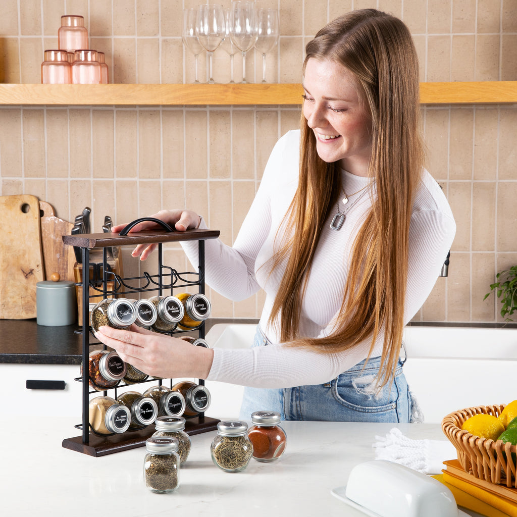 Orii 16-Jar Acacia Wood Tower Spice Rack Pre-Filled Jars