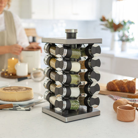 Rotating Spice Rack with 20 Jars & Labels Set - Stainless Steel