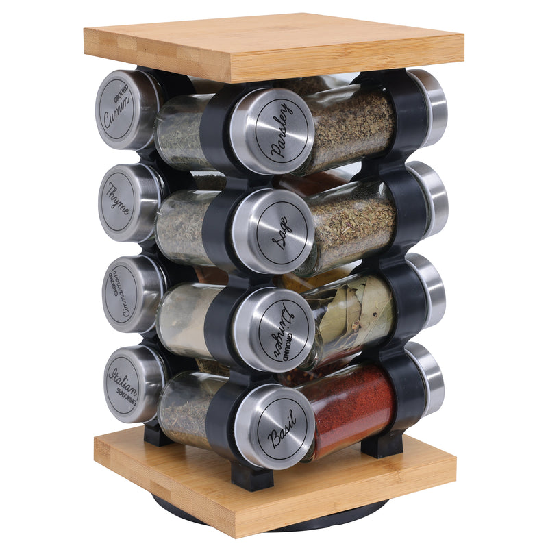 Orii 16 Jar Bamboo Spice Rack Set, Rotating Natural Bamboo Rack with Premium Spices & 5-Year Free Refills