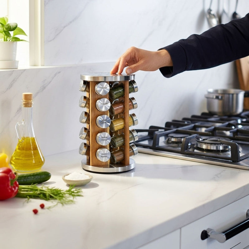 Orii 20-Jar Acacia Wood Rotating Spice Rack Organizer with Glass Jars & Stainless Steel Lids | Includes 20 Spices & Free 5-Year Refills