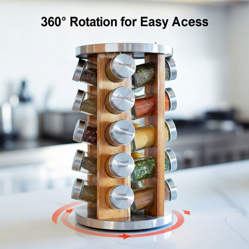 Orii 20-Jar Acacia Wood Rotating Spice Rack Organizer with Glass Jars & Stainless Steel Lids | Includes 20 Spices & Free 5-Year Refills