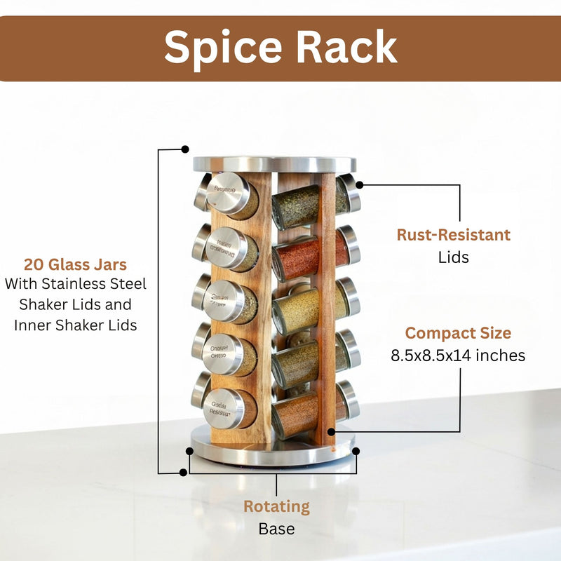 Orii 20-Jar Acacia Wood Rotating Spice Rack Organizer with Glass Jars & Stainless Steel Lids | Includes 20 Spices & Free 5-Year Refills
