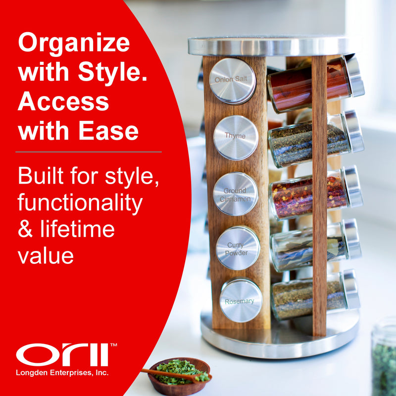 Orii 20-Jar Acacia Wood Rotating Spice Rack Organizer with Glass Jars & Stainless Steel Lids | Includes 20 Spices & Free 5-Year Refills