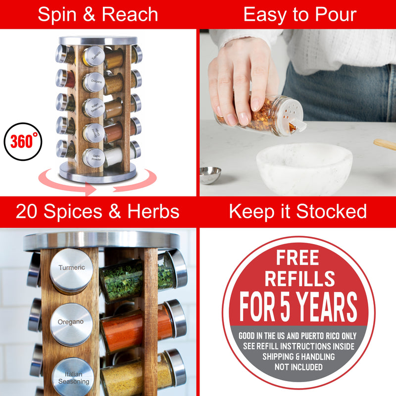 Orii 20-Jar Acacia Wood Rotating Spice Rack Organizer with Glass Jars & Stainless Steel Lids | Includes 20 Spices & Free 5-Year Refills