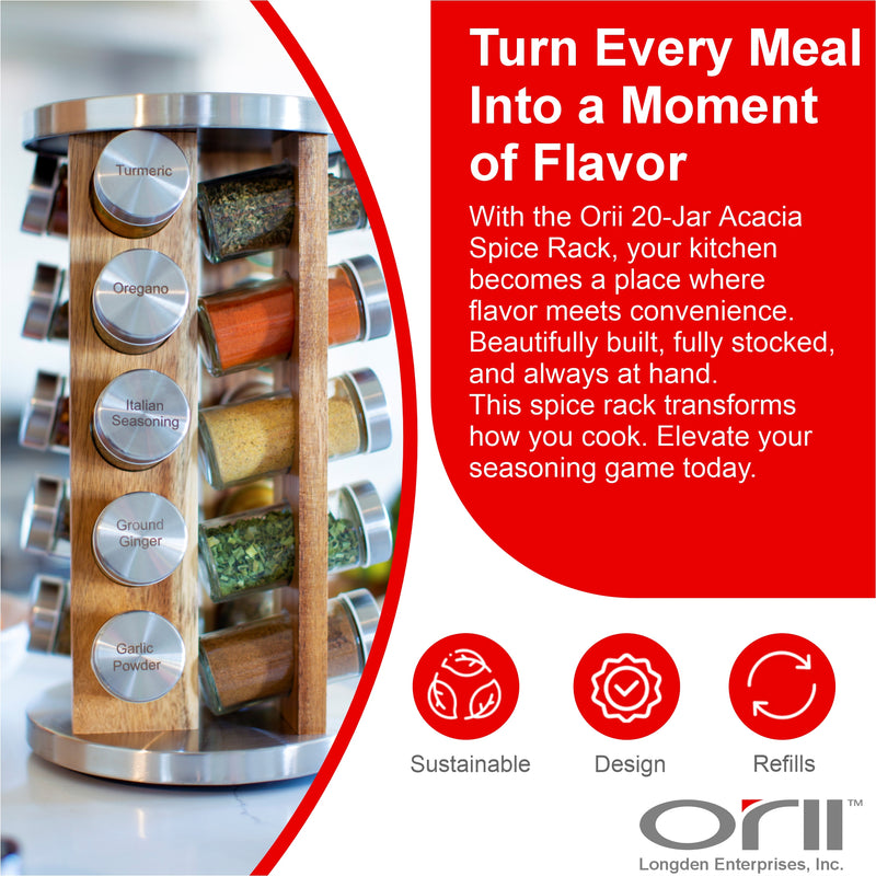 Orii 20-Jar Acacia Wood Rotating Spice Rack Organizer with Glass Jars & Stainless Steel Lids | Includes 20 Spices & Free 5-Year Refills