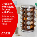 Orii 20 Jar Filled Spice Rack Organizer with Free Spice Refills, Dark Acacia Wood & Stainless Steel Rotating Spice Holder