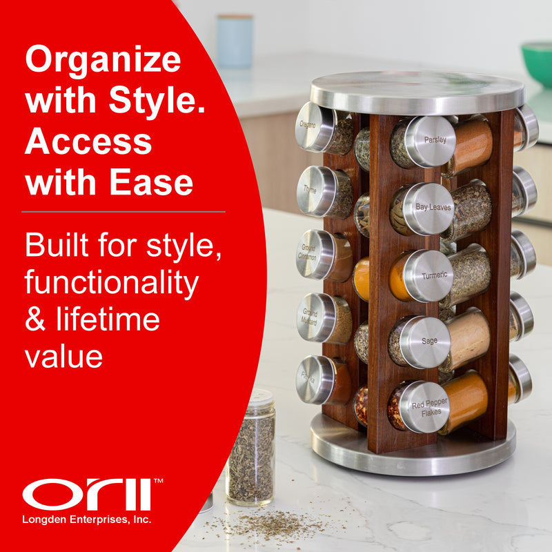 Orii 20 Jar Filled Spice Rack Organizer with Free Spice Refills, Dark Acacia Wood & Stainless Steel Rotating Spice Holder