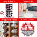 Orii 20 Jar Filled Spice Rack Organizer with Free Spice Refills, Dark Acacia Wood & Stainless Steel Rotating Spice Holder