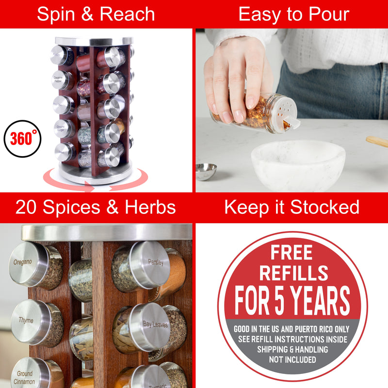 Orii 20 Jar Filled Spice Rack Organizer with Free Spice Refills, Dark Acacia Wood & Stainless Steel Rotating Spice Holder
