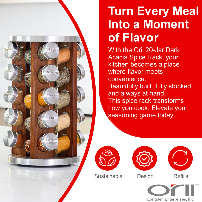 Orii 20 Jar Filled Spice Rack Organizer with Free Spice Refills, Dark Acacia Wood & Stainless Steel Rotating Spice Holder