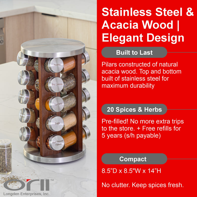 Orii 20 Jar Filled Spice Rack Organizer with Free Spice Refills, Dark Acacia Wood & Stainless Steel Rotating Spice Holder