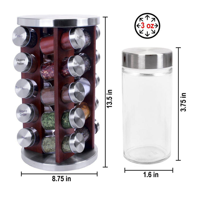 Orii 20 Jar Filled Spice Rack Organizer with Free Spice Refills, Dark Acacia Wood & Stainless Steel Rotating Spice Holder