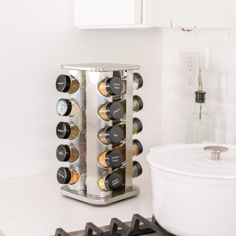 Orii 20-Jar Stainless Steel Spice Organizer Rack, Rotating Lazy Susan Design with Filled Glass Jars