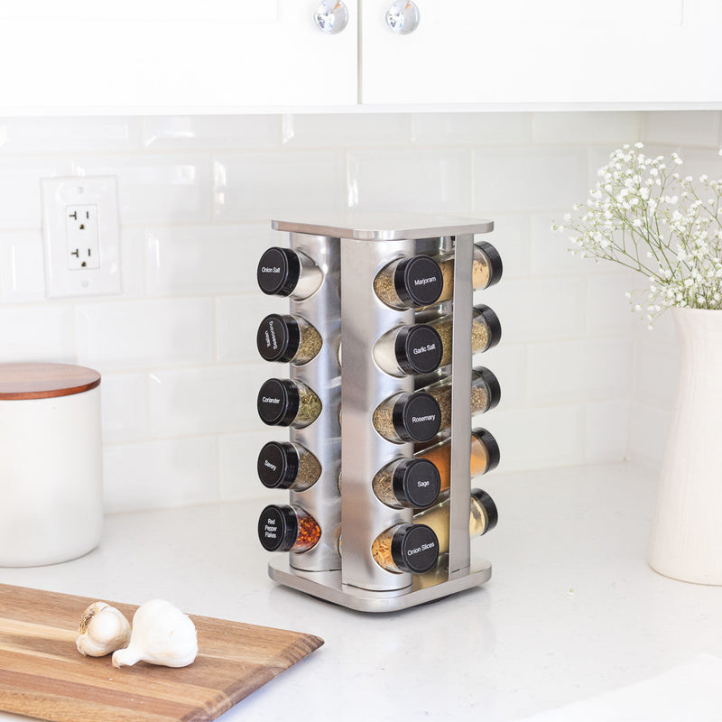 Orii 20-Jar Stainless Steel Spice Organizer Rack, Rotating Lazy Susan Design with Filled Glass Jars