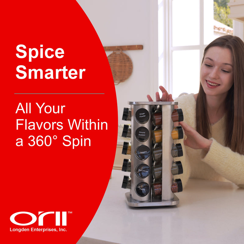Orii 20-Jar Stainless Steel Spice Organizer Rack, Rotating Lazy Susan Design with Filled Glass Jars