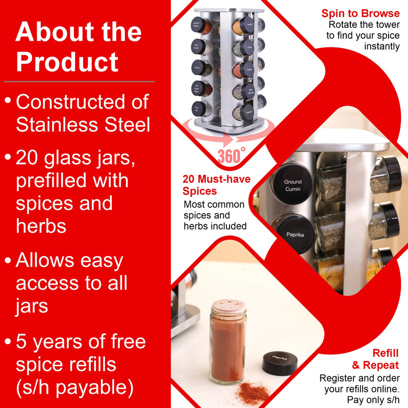 Orii 20-Jar Stainless Steel Spice Organizer Rack, Rotating Lazy Susan Design with Filled Glass Jars
