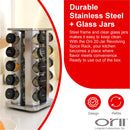Orii 20-Jar Stainless Steel Spice Organizer Rack, Rotating Lazy Susan Design with Filled Glass Jars