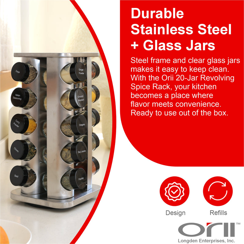 Orii 20-Jar Stainless Steel Spice Organizer Rack, Rotating Lazy Susan Design with Filled Glass Jars