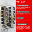 Orii 20-Jar Stainless Steel Spice Organizer Rack, Rotating Lazy Susan Design with Filled Glass Jars