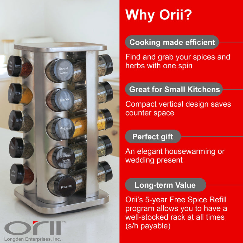Orii 20-Jar Stainless Steel Spice Organizer Rack, Rotating Lazy Susan Design with Filled Glass Jars