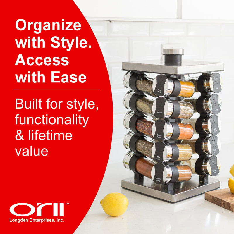 Orii Rotunda 20-Jar Rotating Spice Rack Organizer Stainless Steel 4 Sided Compact Design with Pre-Filled Glass Jars