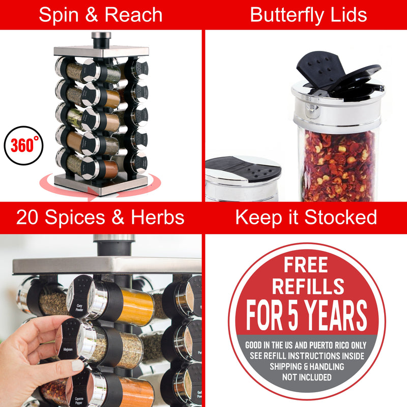 Orii Rotunda 20-Jar Rotating Spice Rack Organizer Stainless Steel 4 Sided Compact Design with Pre-Filled Glass Jars