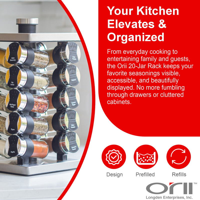 Orii Rotunda 20-Jar Rotating Spice Rack Organizer Stainless Steel 4 Sided Compact Design with Pre-Filled Glass Jars