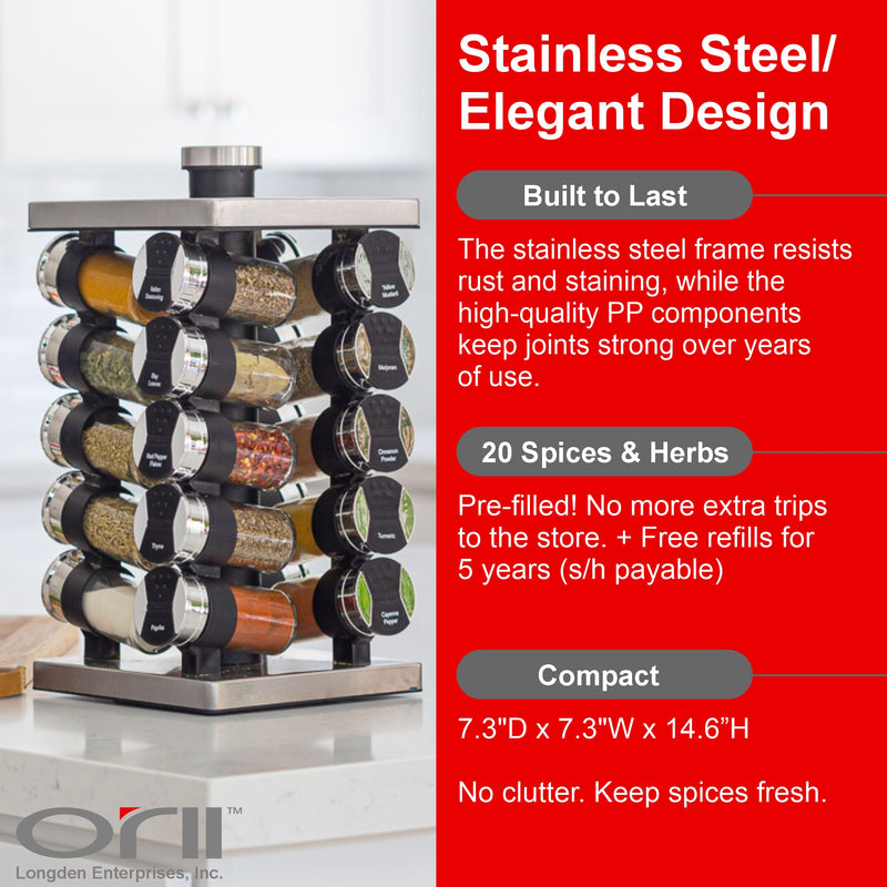 Orii Rotunda 20-Jar Rotating Spice Rack Organizer Stainless Steel 4 Sided Compact Design with Pre-Filled Glass Jars