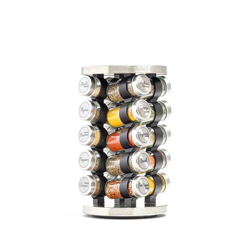 Orii 20-Jar Stainless Steel Rotating Spice Rack Lazy Susan Organizer with Pre-Filled Glass Jars