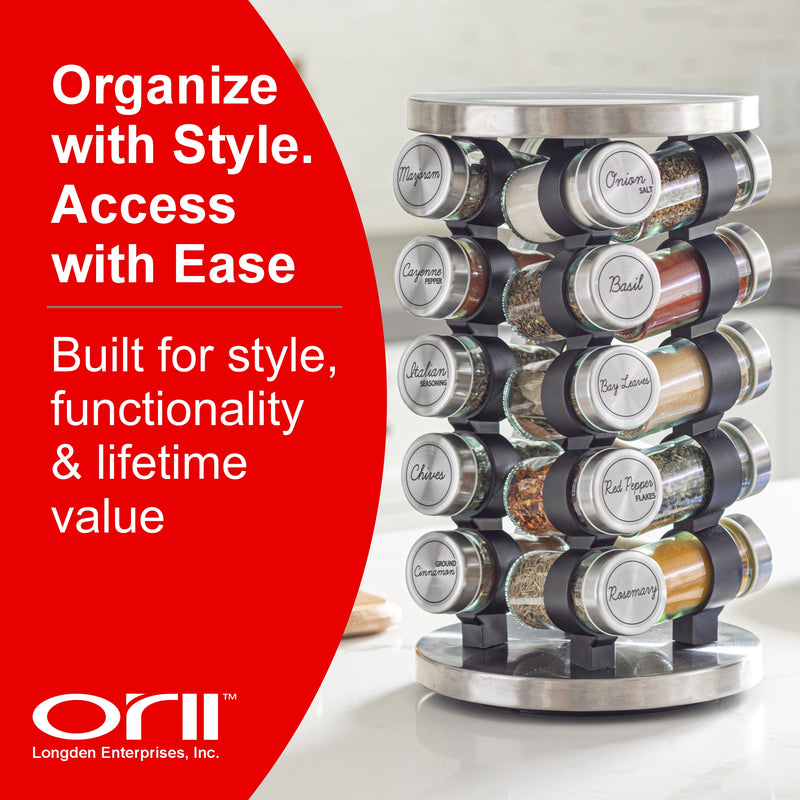 Orii 20-Jar Stainless Steel Rotating Spice Rack Lazy Susan Organizer with Pre-Filled Glass Jars
