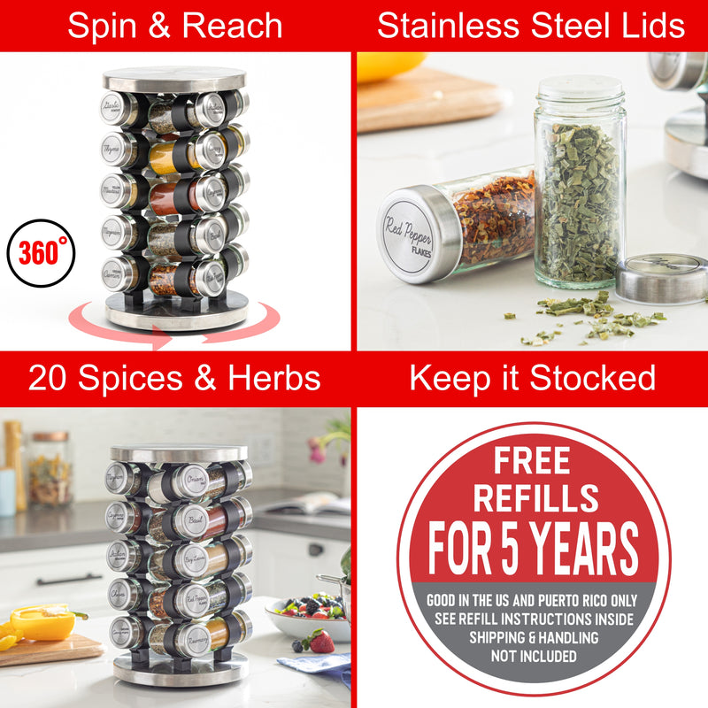 Orii 20-Jar Stainless Steel Rotating Spice Rack Lazy Susan Organizer with Pre-Filled Glass Jars