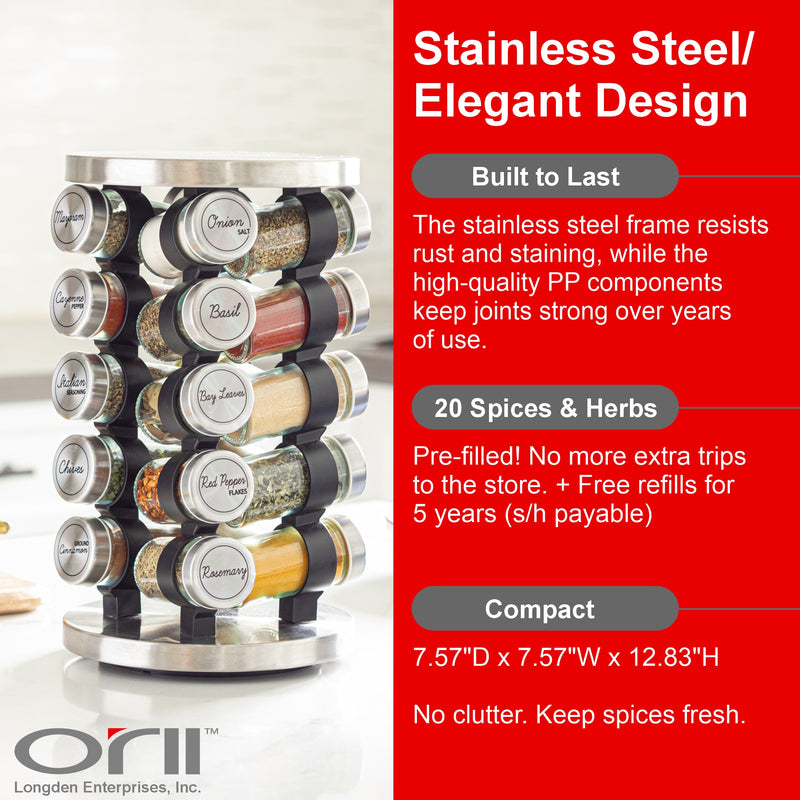 Orii 20-Jar Stainless Steel Rotating Spice Rack Lazy Susan Organizer with Pre-Filled Glass Jars