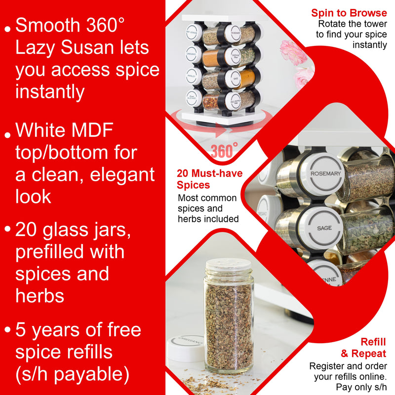 Orii 16 Jar White Filled Spice Rack Set, Rotating MDF Rack with Premium Spices & 5-Year Free Refills