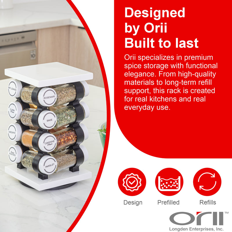 Orii 16 Jar White Filled Spice Rack Set, Rotating MDF Rack with Premium Spices & 5-Year Free Refills
