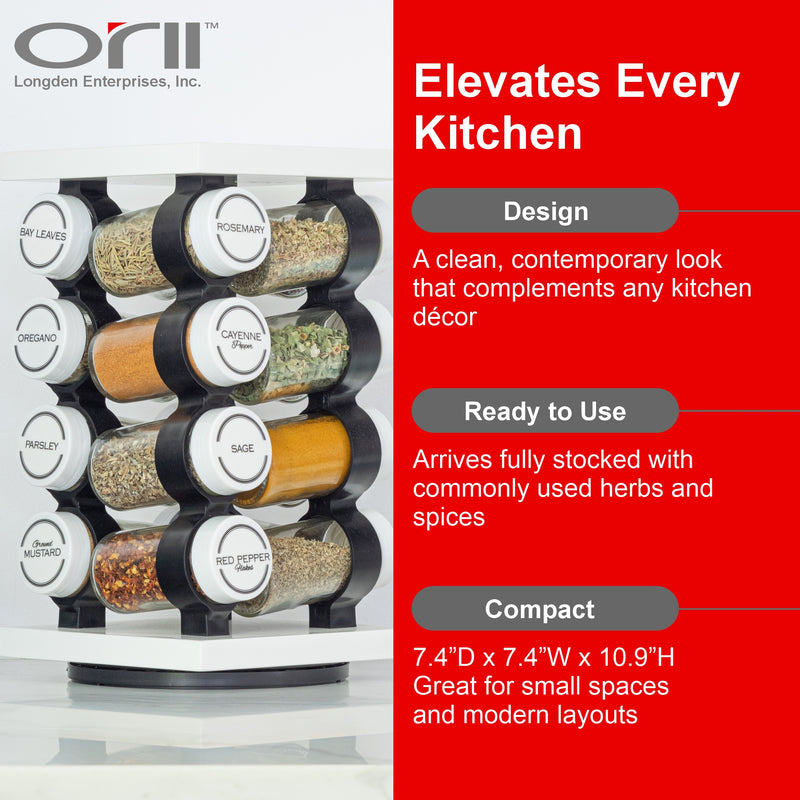 Orii 16 Jar White Filled Spice Rack Set, Rotating MDF Rack with Premium Spices & 5-Year Free Refills