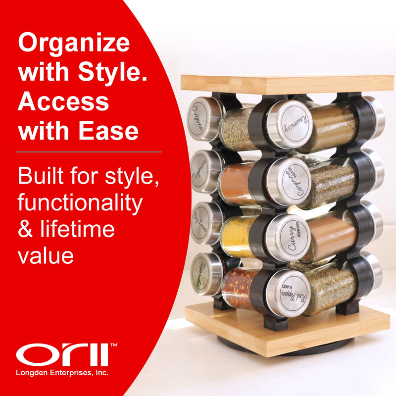Orii 16 Jar Bamboo Spice Rack Set, Rotating Natural Bamboo Rack with Premium Spices & 5-Year Free Refills