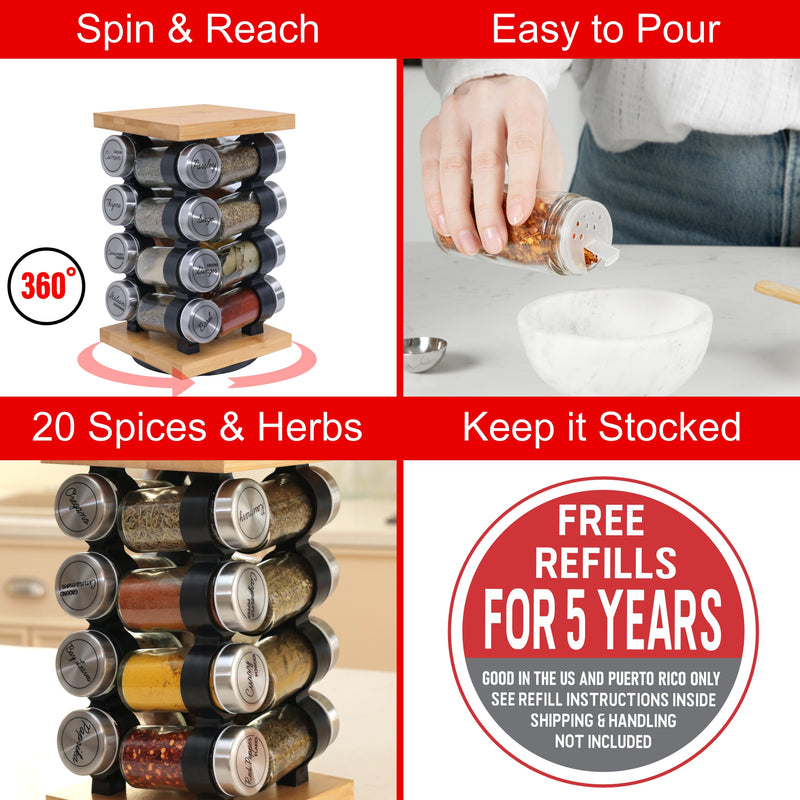 Orii 16 Jar Bamboo Spice Rack Set, Rotating Natural Bamboo Rack with Premium Spices & 5-Year Free Refills
