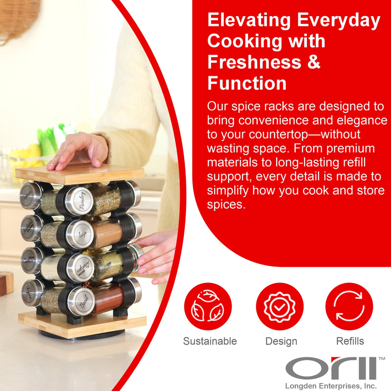 Orii 16 Jar Bamboo Spice Rack Set, Rotating Natural Bamboo Rack with Premium Spices & 5-Year Free Refills