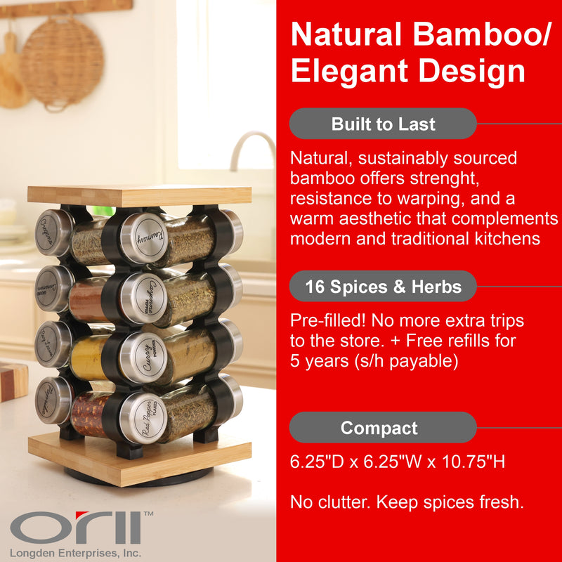 Orii 16 Jar Bamboo Spice Rack Set, Rotating Natural Bamboo Rack with Premium Spices & 5-Year Free Refills