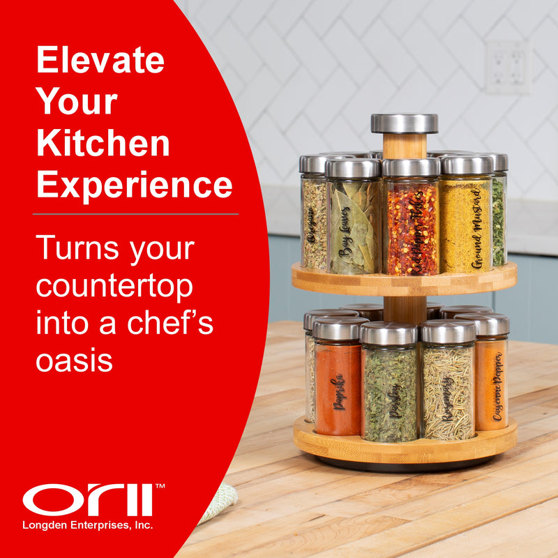 Orii 16 Jar 2 Tier Bamboo Rotating Spice Rack Premium Glass Jars with Free Spice Refills