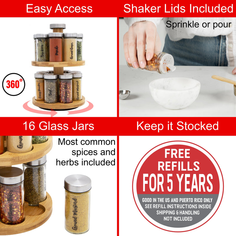 Orii 16 Jar 2 Tier Bamboo Rotating Spice Rack Premium Glass Jars with Free Spice Refills