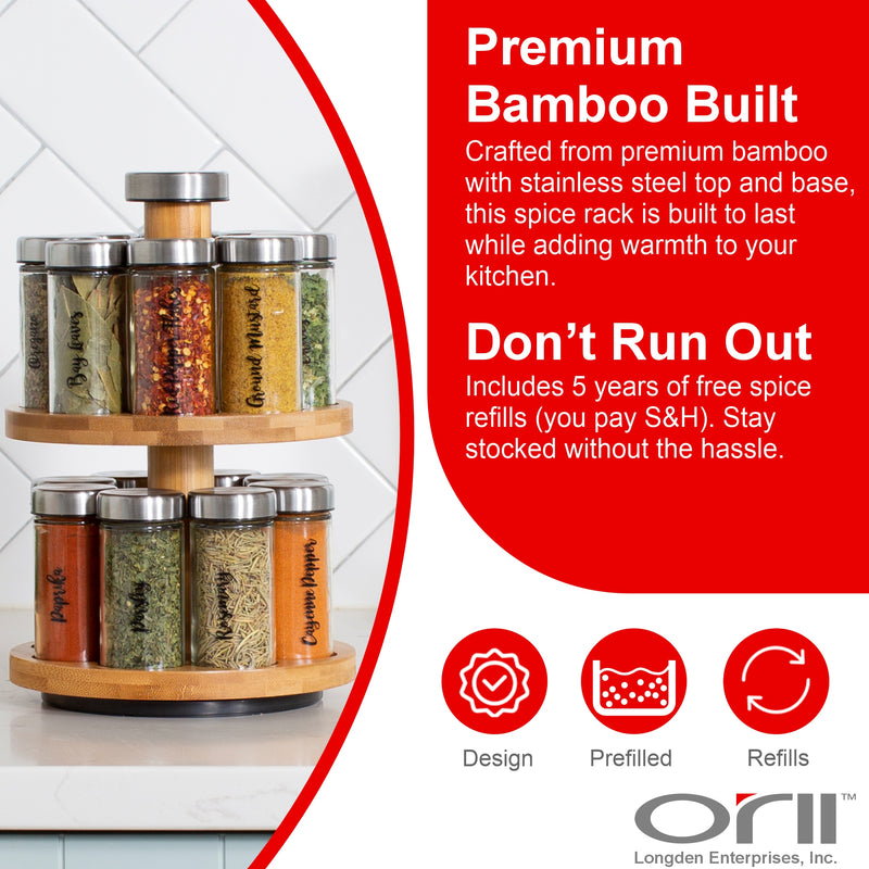 Orii 16 Jar 2 Tier Bamboo Rotating Spice Rack Premium Glass Jars with Free Spice Refills