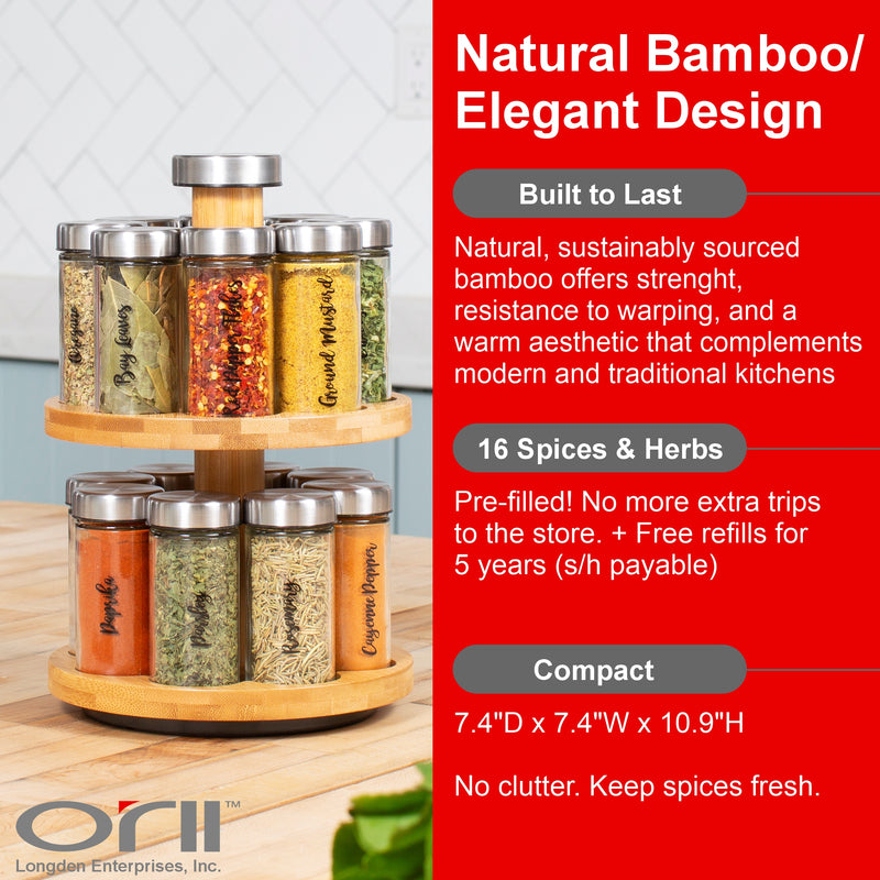 Orii 16 Jar 2 Tier Bamboo Rotating Spice Rack Premium Glass Jars with Free Spice Refills