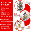 Orii Adrinova 24-Jar Revolving Tower Spice Rack Premium Glass Jars with Free 5-Year Refills