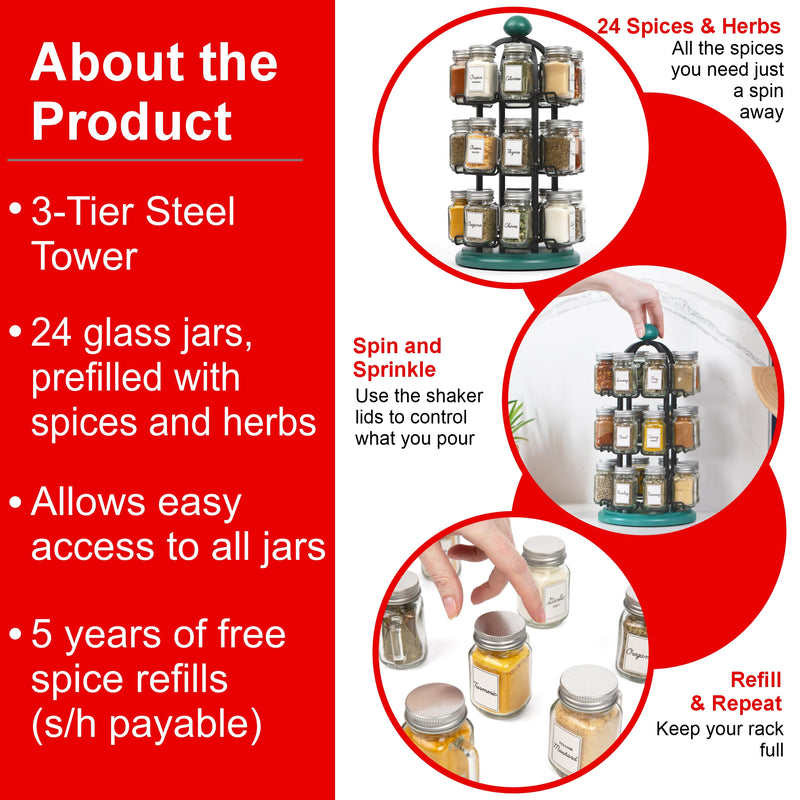 Orii Adrinova 24-Jar Revolving Tower Spice Rack Premium Glass Jars with Free 5-Year Refills