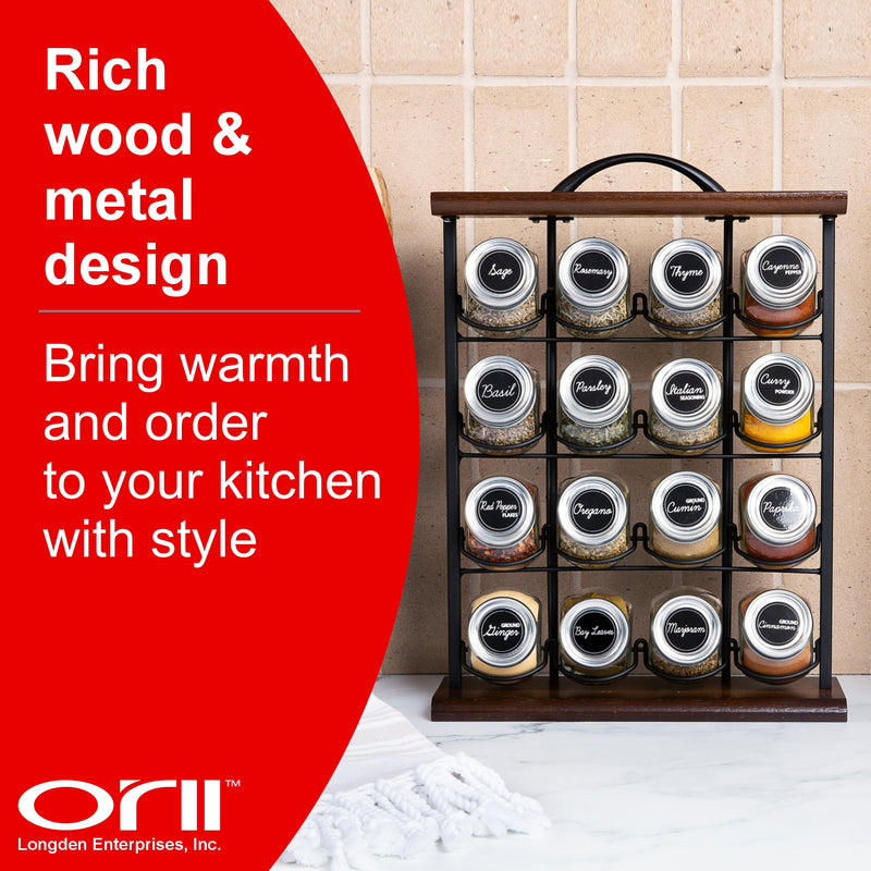 Orii 16-Jar Acacia Wood Tower Spice Rack Vertical Countertop Organizer with Glass Jars & Free 5-Year Refills