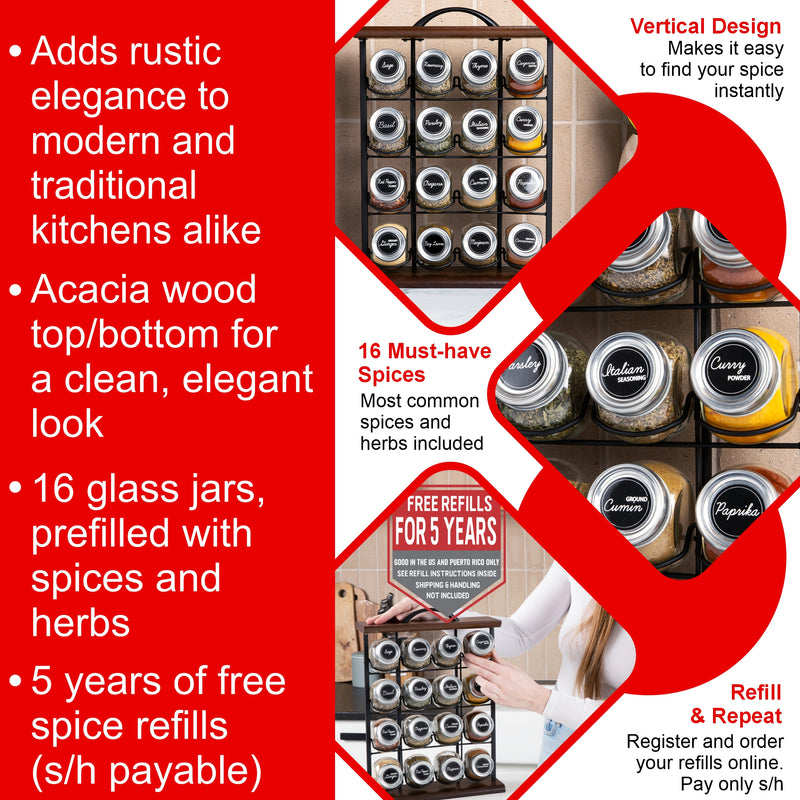 Orii 16-Jar Acacia Wood Tower Spice Rack Vertical Countertop Organizer with Glass Jars & Free 5-Year Refills