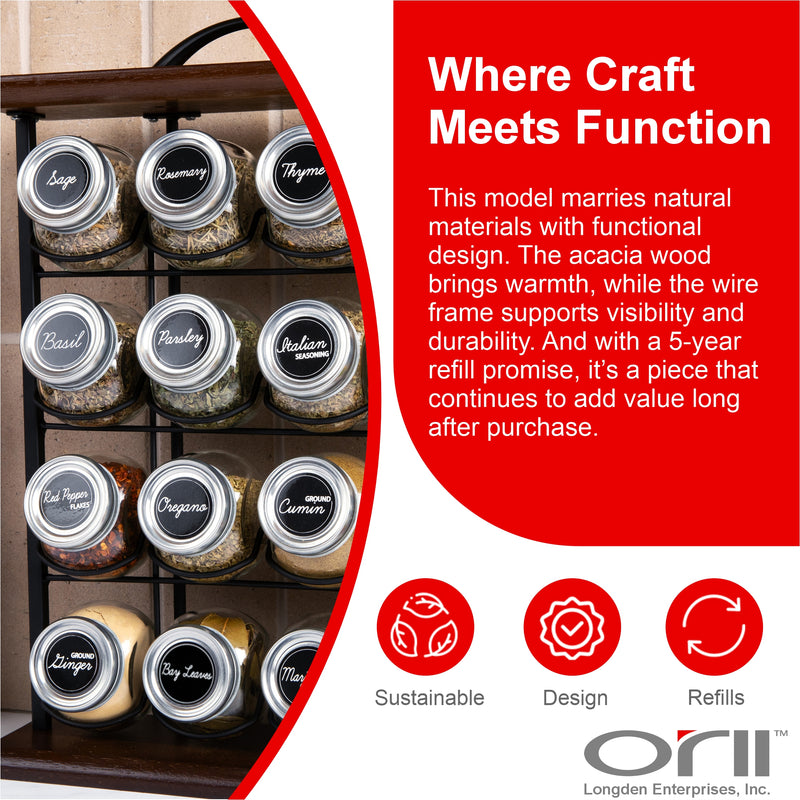 Orii 16-Jar Acacia Wood Tower Spice Rack Vertical Countertop Organizer with Glass Jars & Free 5-Year Refills