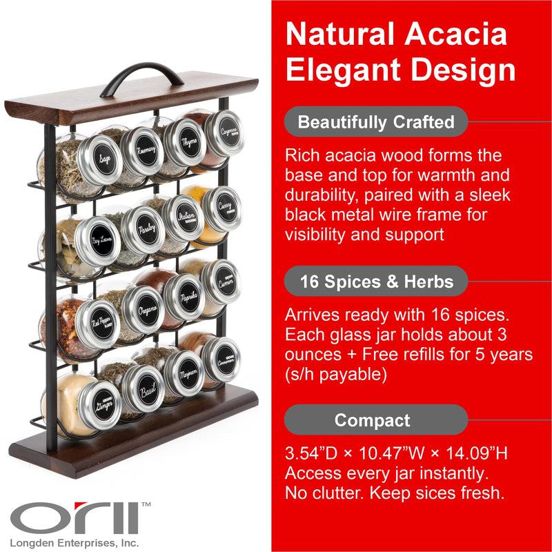 Orii 16-Jar Acacia Wood Tower Spice Rack Vertical Countertop Organizer with Glass Jars & Free 5-Year Refills